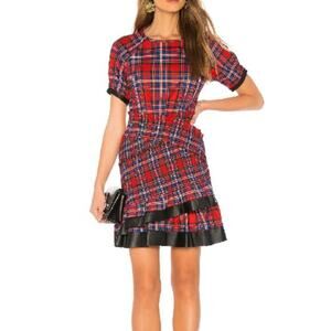 Tanya Taylor Nicole Dress Red Plaid with Leather Trim